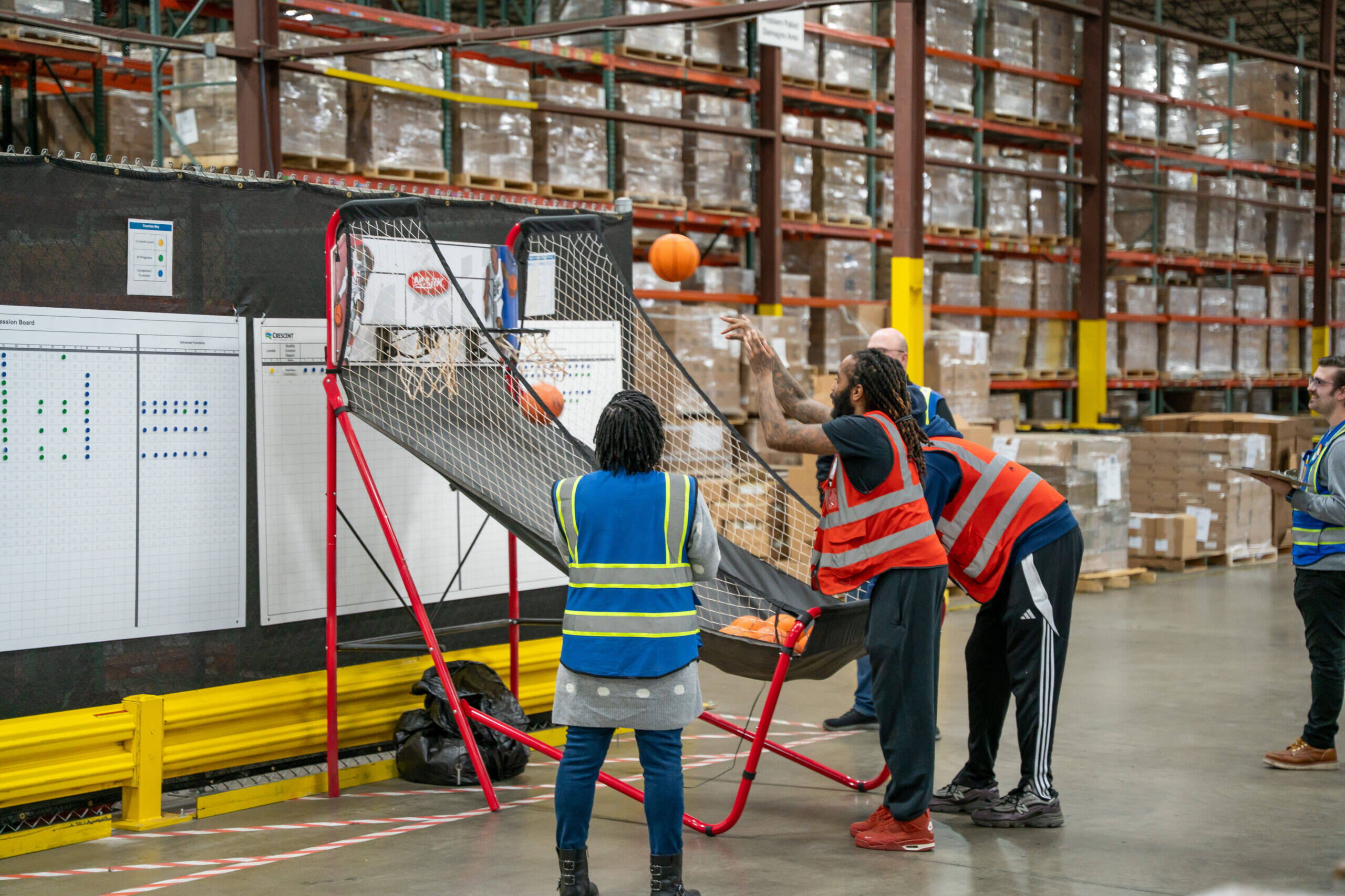 warehouse workers playing basketball