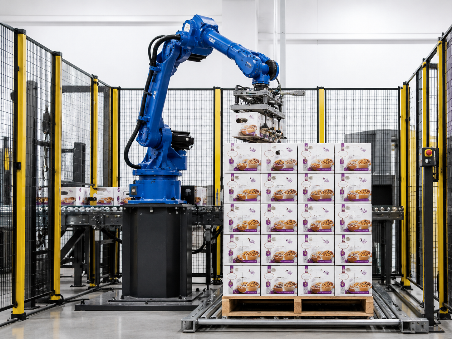robotic arm moving packaged boxes